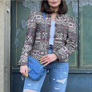 ZARA Jacquard Jacket Sz M Cropped Multicolor Boho Bohemian Multicolor